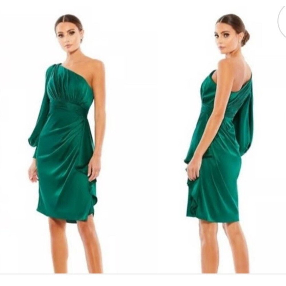 Ieena For Mac Duggal Emerald One-Shoulder Satin Ruffle Cocktail Dress Size 6 New - Picture 7 of 7